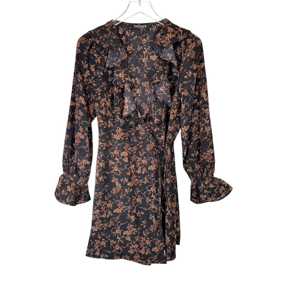 DISTURBIA Women's 6 Black Floral Wrap Mini Long Sleeve Dress Ruffle Hem